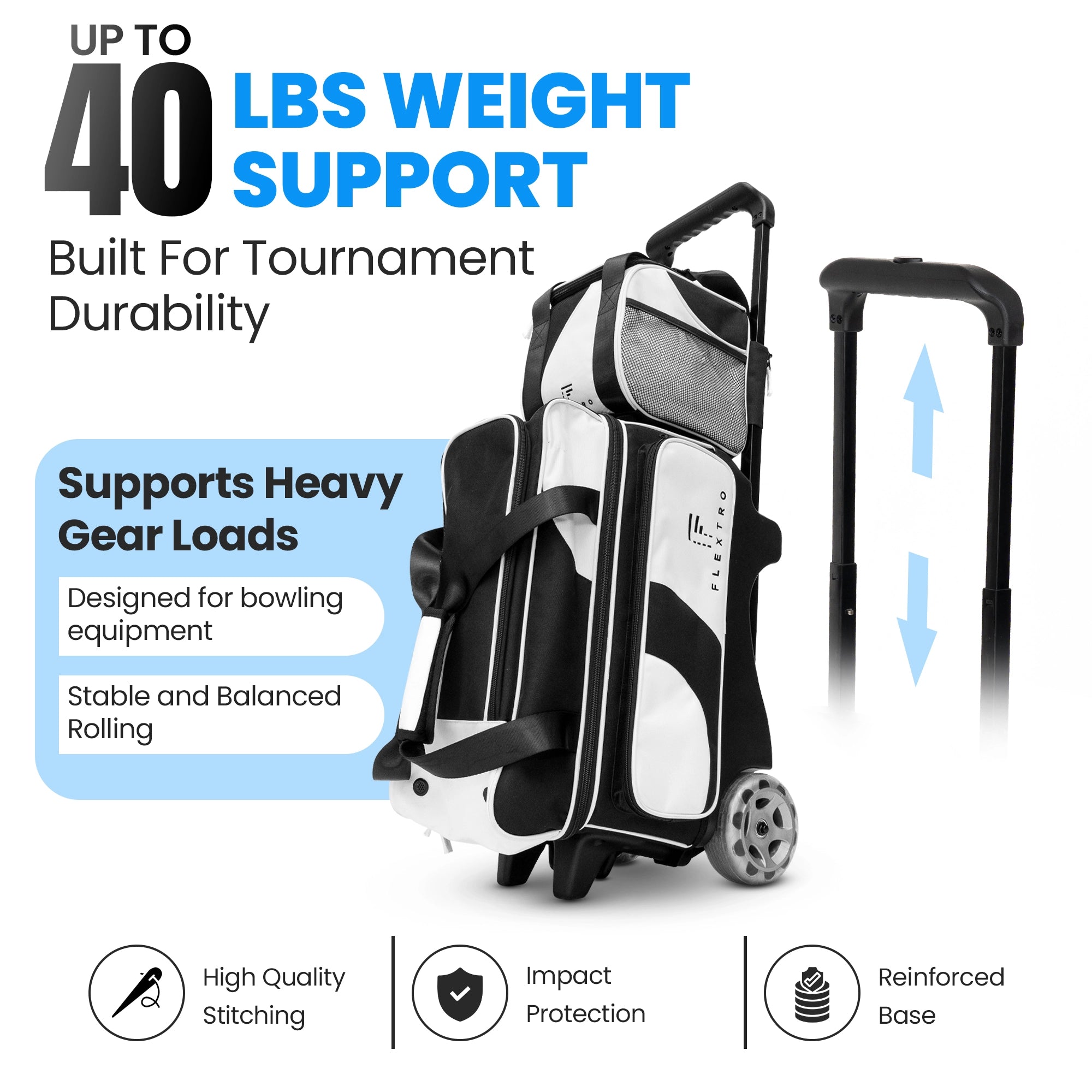 Flextro 3 Ball Bowling Bag with Wheels – Premium V2 Roller | 5-Inch Heavy-Duty Wheels | Tournament-Grade
