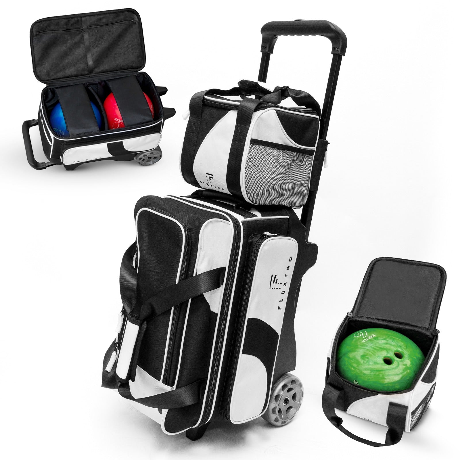 FLEXTRO Premium V2 - 3 Ball Bowling Bag (Heavy-Duty 5" Wheels)