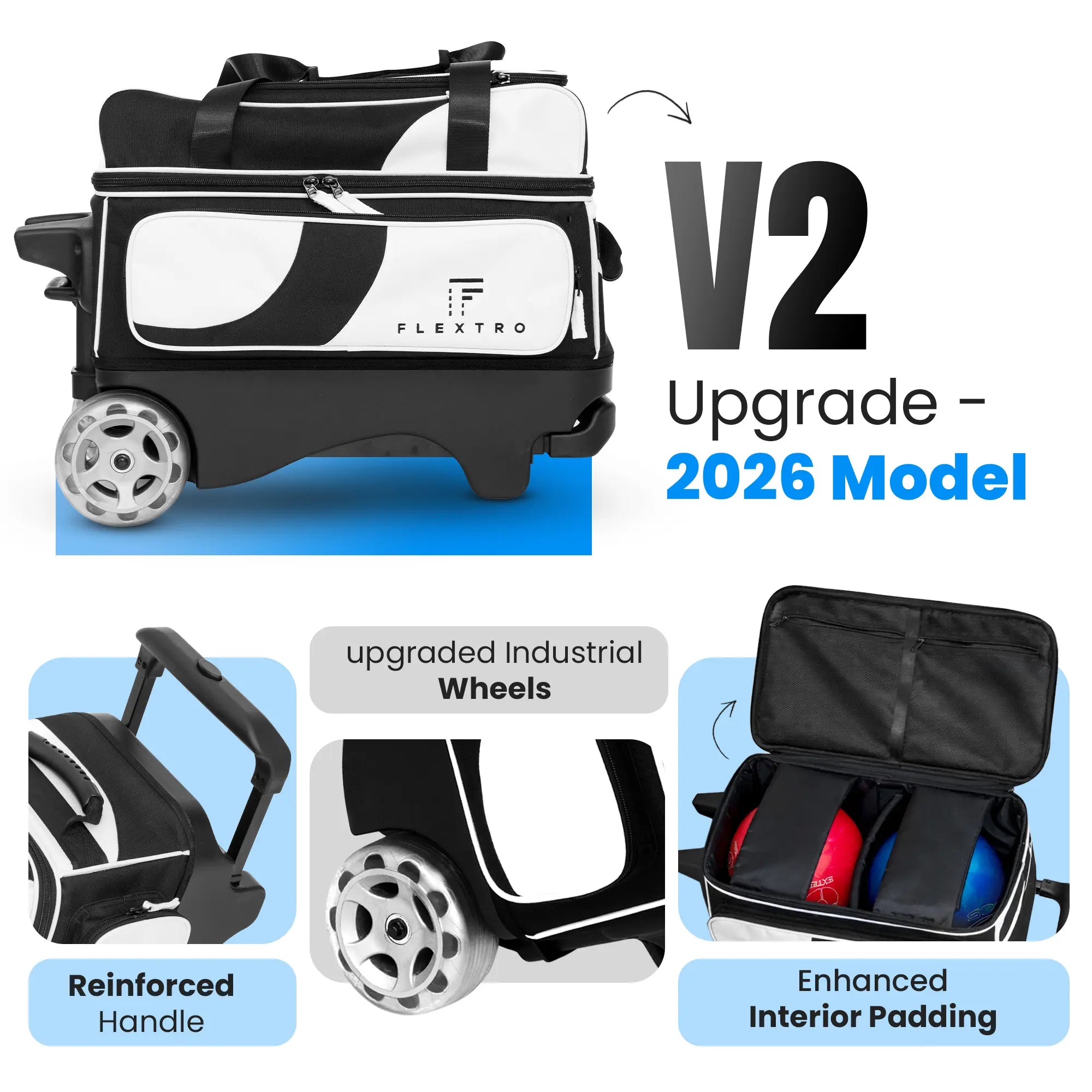 Flextro 3 Ball Bowling Bag with Wheels – Premium V2 Roller | 5-Inch Heavy-Duty Wheels | Tournament-Grade